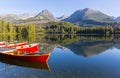 wooden boats on the pier in a mountain lake