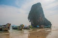 Wooden boats. Rock. Peninsula of Railay. Krabi, Thailand. Royalty Free Stock Photo