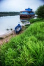 Wooden boats at sunrise at Russian town Tarusa.