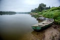 Wooden boats at sunrise at Russian town Tarusa.