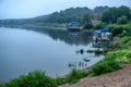 Wooden boats at sunrise at Russian town Tarusa.