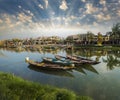 Wooden boats on the Thu Bon River in Hoi An , Vietnam Royalty Free Stock Photo