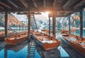 Wooden boats under the house in famous Braies lake at sunrise Royalty Free Stock Photo