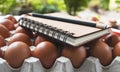 Wooden book and pencil for prepared menu from eggs. Royalty Free Stock Photo