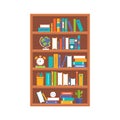 Wooden book shelf, flat design vector illustration