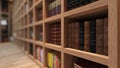 Wooden bookshelf full of books from library