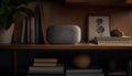 Wooden bookshelf with modern literature, in home office generated by AI