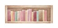 Wooden bookshelf with various standing books.