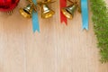 Wooden board with Decorated Christmas tree, colorful ornaments and copyspace design for make background Royalty Free Stock Photo