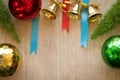 Wooden board with Decorated Christmas tree, colorful ornaments and copyspace design for make background Royalty Free Stock Photo