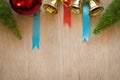 Wooden board with Decorated Christmas tree, colorful ornaments and copyspace design for make background Royalty Free Stock Photo