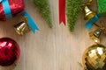 Wooden board with Decorated Christmas tree, colorful ornaments and copyspace design for make background Royalty Free Stock Photo