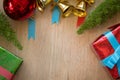 Wooden bord with Decorated Christmas tree, colorful ornaments and copyspace design for make background Royalty Free Stock Photo