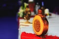 Wooden bottle with national symbols graven on wood traditional