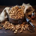 Wooden bounty Dried nuts elegantly arranged in rustic brown sacks