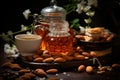 A wooden bowl with assorted nuts and honey on the table on a black background. Walnuts, pistachios, almonds, hazelnuts Royalty Free Stock Photo