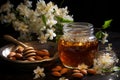 A wooden bowl with assorted nuts and honey on the table on a black background. Walnuts, pistachios, almonds, hazelnuts Royalty Free Stock Photo