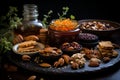 A wooden bowl with assorted nuts and honey on the table on a black background. Walnuts, pistachios, almonds, hazelnuts Royalty Free Stock Photo