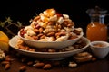 A wooden bowl with assorted nuts and honey on the table on a black background. Walnuts, pistachios, almonds, hazelnuts Royalty Free Stock Photo