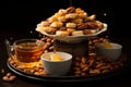 A wooden bowl with assorted nuts and honey on the table on a black background. Walnuts, pistachios, almonds, hazelnuts Royalty Free Stock Photo