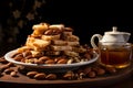 A wooden bowl with assorted nuts and honey on the table on a black background. Walnuts, pistachios, almonds, hazelnuts Royalty Free Stock Photo