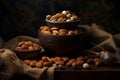 A wooden bowl with assorted nuts on the table on a black background. Walnuts, pistachios, almonds, hazelnuts and cashews Royalty Free Stock Photo