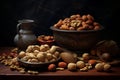 A wooden bowl with assorted nuts on the table on a black background. Walnuts, pistachios, almonds, hazelnuts and cashews Royalty Free Stock Photo