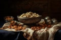 A wooden bowl with assorted nuts on the table on a black background. Walnuts, pistachios, almonds, hazelnuts and cashews Royalty Free Stock Photo