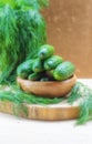In a wooden bowl on a wooden background, a slide of fresh cucumbers and a large bunch of dill Royalty Free Stock Photo