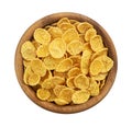 Wooden bowl of corn flakes isolated on white background, top view Royalty Free Stock Photo