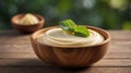 Wooden bowl of creamy pudding on rustic wooden surface, with leafy green background. Royalty Free Stock Photo