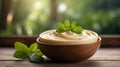 Wooden bowl of creamy pudding on rustic wooden surface, with leafy green background. Royalty Free Stock Photo