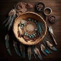 wooden bowl on a dark boho background, feather and airy fabric, top view