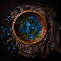 wooden bowl on a dark boho background, flowers and airy fabric, top view