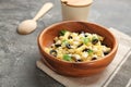 Wooden bowl with delicious pasta salad Royalty Free Stock Photo