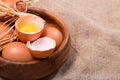 Wooden bowl with eggs, rural style Royalty Free Stock Photo