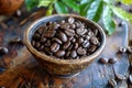 A wooden bowl filled with aromatic coffee beans rests on top of a sturdy wooden table, Luxurious Kopi Luwak coffee beans, AI