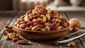 Nearby, and some nut shells and whole nuts are scattered around the bowl, Royalty Free Stock Photo