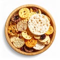 Wooden Bowl Filled with Assorted Rice Cakes and Crisps on White Background Royalty Free Stock Photo