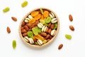 Wooden bowl filled with assortment of nuts. Royalty Free Stock Photo