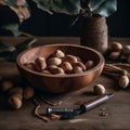 A wooden bowl filled with Brazil nuts