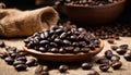 A wooden bowl filled with coffee beans Royalty Free Stock Photo