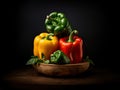 Wooden bowl filled with fresh bell peppers against a black textured background, AI-generated. Royalty Free Stock Photo