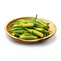 Photorealistic Wooden Bowl With Corn And Okra Dish