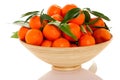 Wooden bowl filled with fresh orange mandarin citrus fruit with Royalty Free Stock Photo
