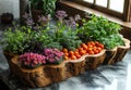 Wooden bowl filled with fresh vegetables and flowers Royalty Free Stock Photo