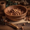 A wooden bowl filled with hazelnuts