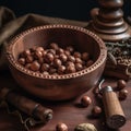 A wooden bowl filled with hazelnuts