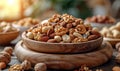 Wooden Bowl Filled With Nuts on Table, A Rustic Snack Delight