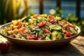 A wooden bowl filled with orzo pasta, cherry tomatoes, cucumbers, and herbs, sitting on a wooden table outdoors